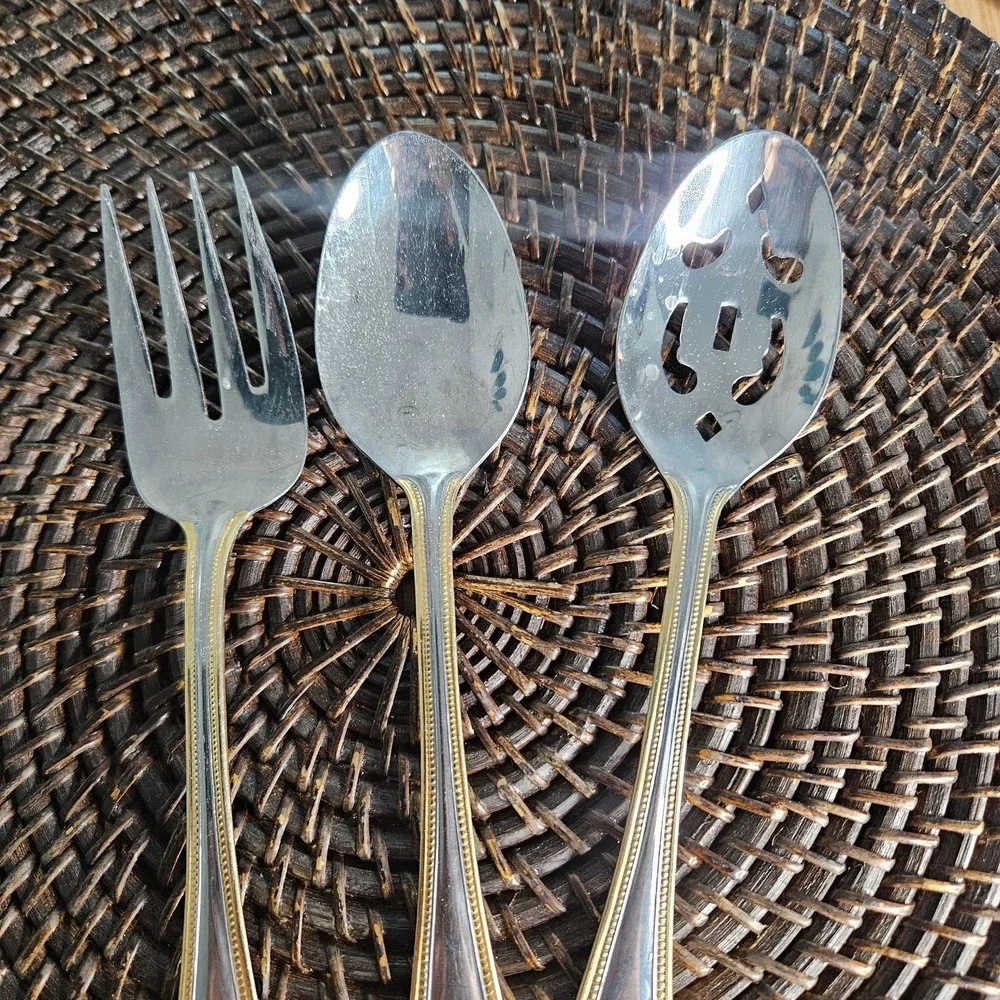 International ROYAL BEAD GOLD Stainless Silverware  Flatware 3 Piece Serving set